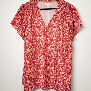 MELLODAY FLUTTER SLEEVE FORAL SMOCK BLOUSE PINK CORAL